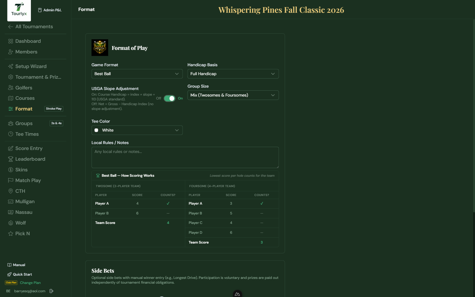 Format of Play — game format, handicap basis, USGA slope adjustment, and group size.
