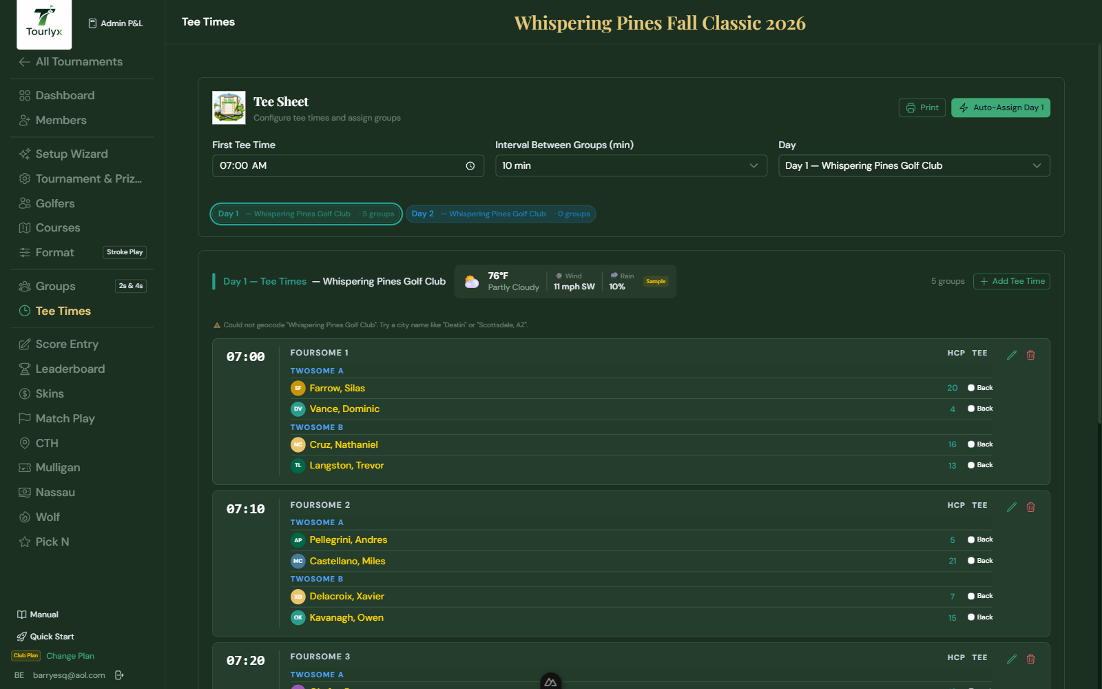 Auto-Assign fills tee times for every group at a set start time and interval.