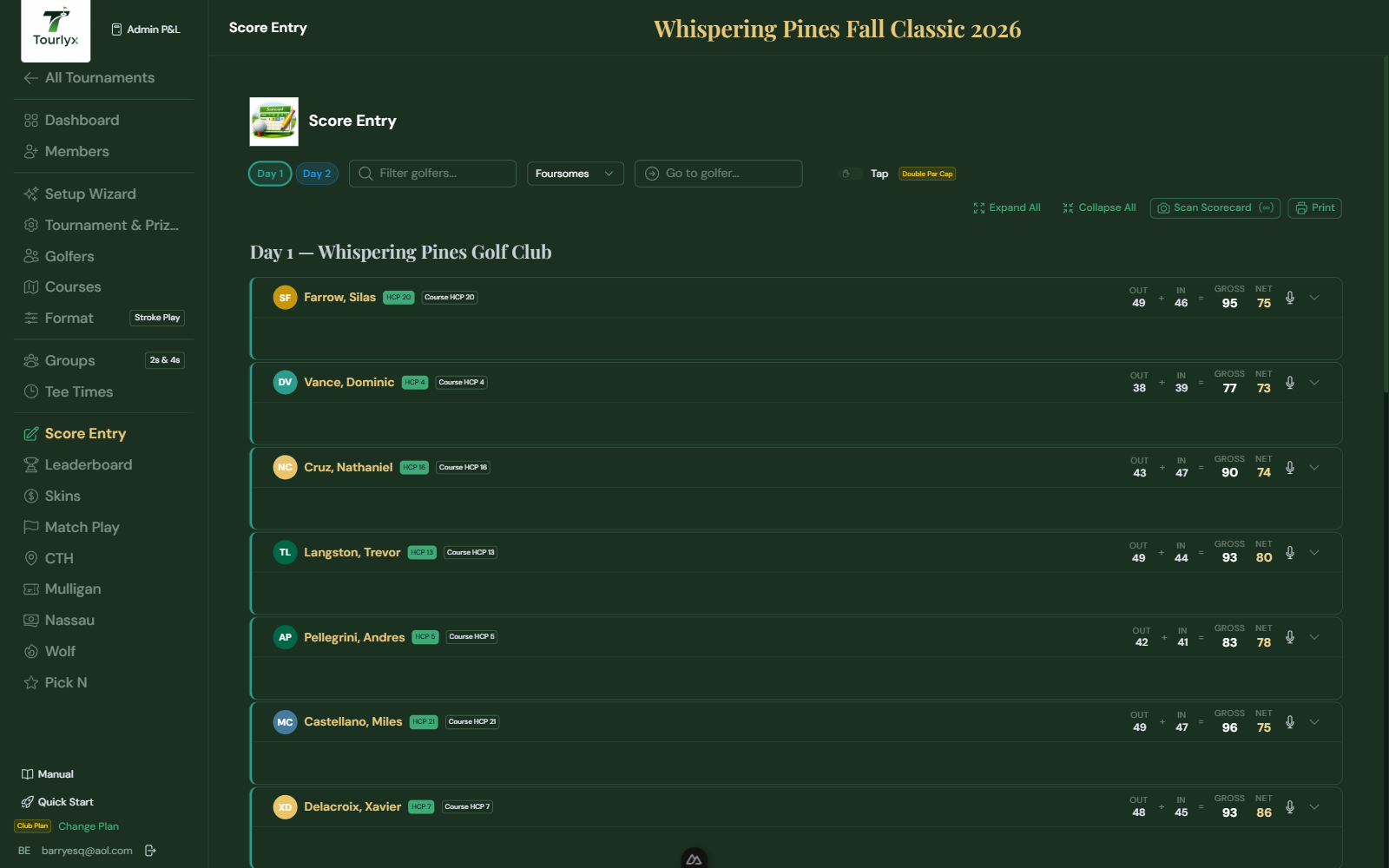 Score Entry — enter hole-by-hole strokes; gross, net, and totals calculate automatically.