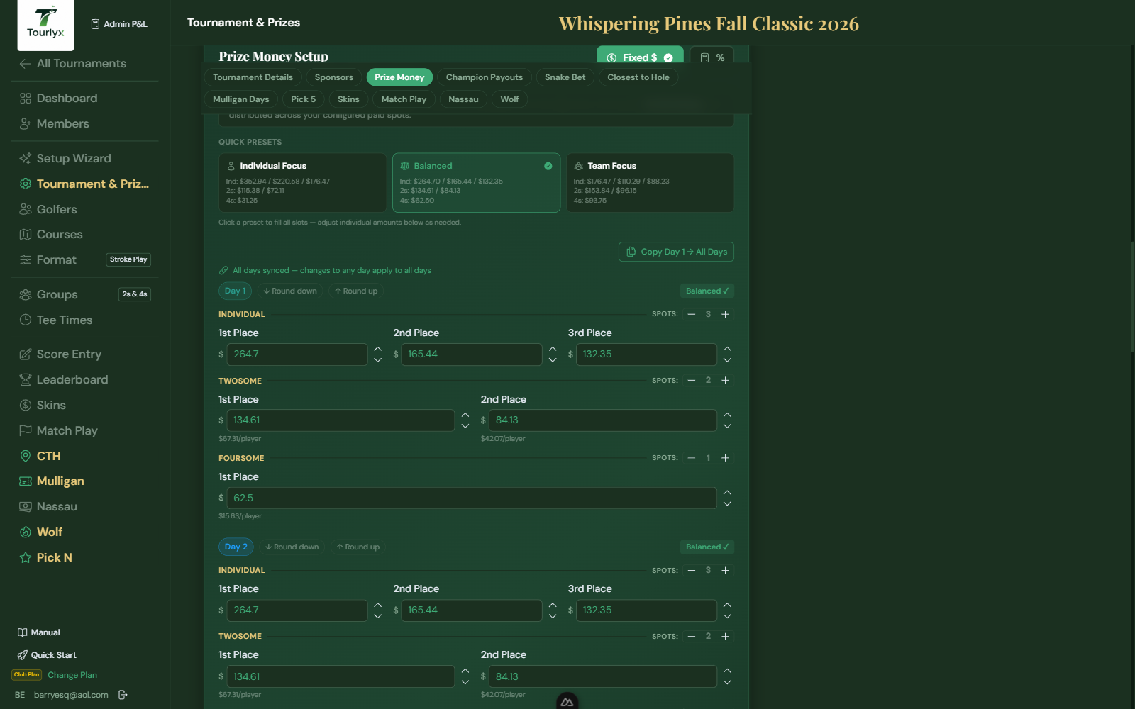 Quick presets fill individual, twosome, and foursome payouts from the daily prize pool.